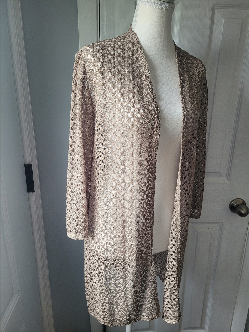 Vintage 90s Chico’s Crochet Cardigan Boho Bohemian Cottagecore Taupe Size 1